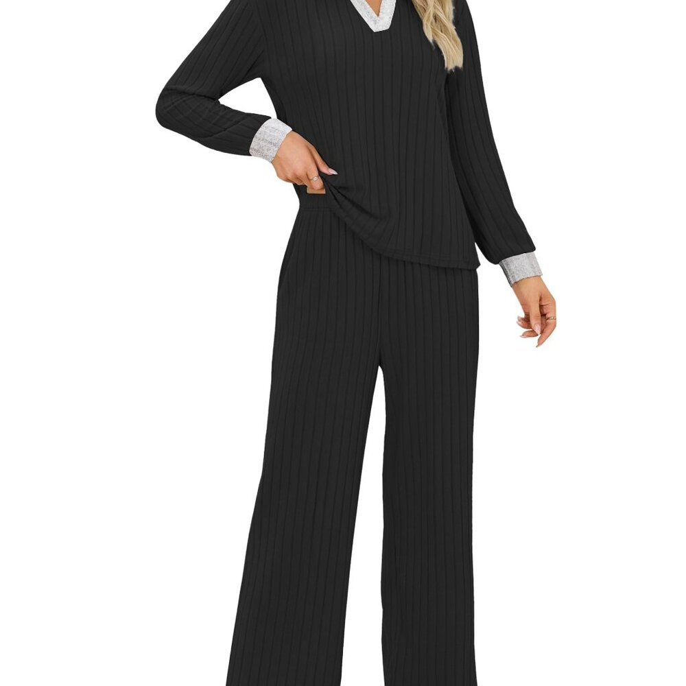 Cozy Fleece Lounge Set Long Sleeve V-Neck Wide Leg Pajamas Chic